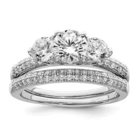 Sterling Silver CZ 3 Stone Pave Band Engagement Ring Set