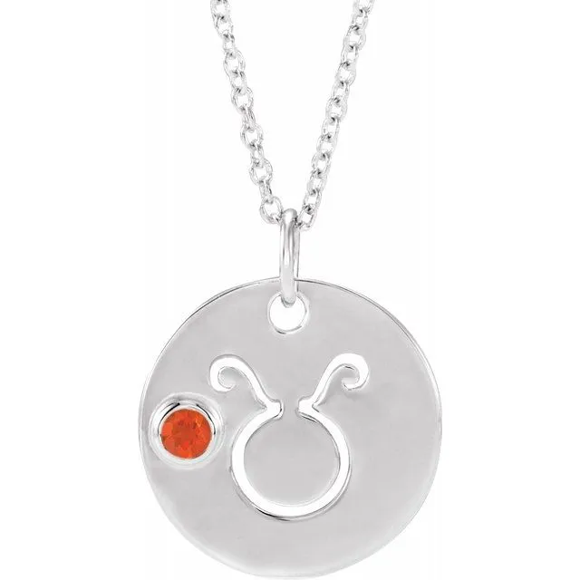 Sterling Silver Mexican Fire Opal Taurus Zodiac Disc 16-18" Necklace