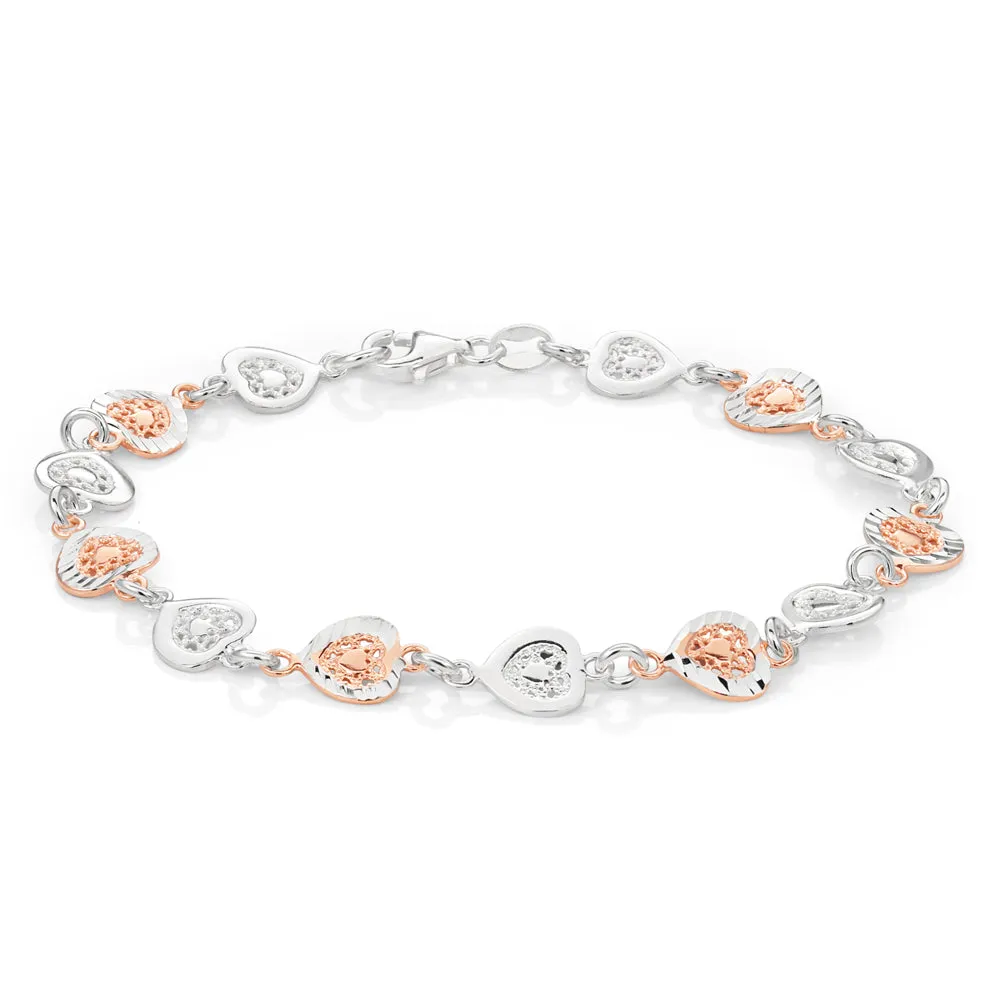 Sterling Silver Rose Gold Plated Fancy Heart Bracelet 19cm