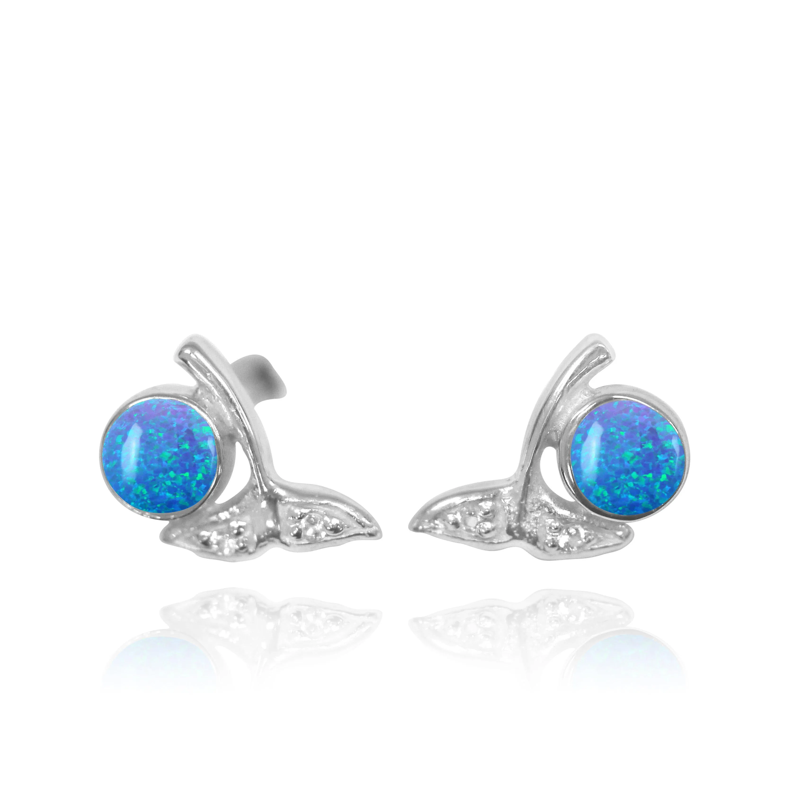 Sterling Silver Whale Tail Stud Earrings with Round Blue Opal and White Topaz