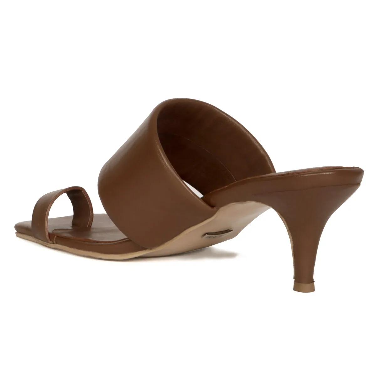 Toe Ring And Open Strap Kitten Heeled Sandals In Brown Leather