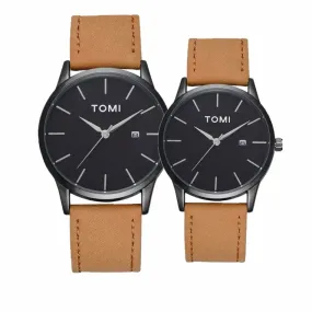 TOMI T-071 Couple Watch Date Quartz Leather Strapa