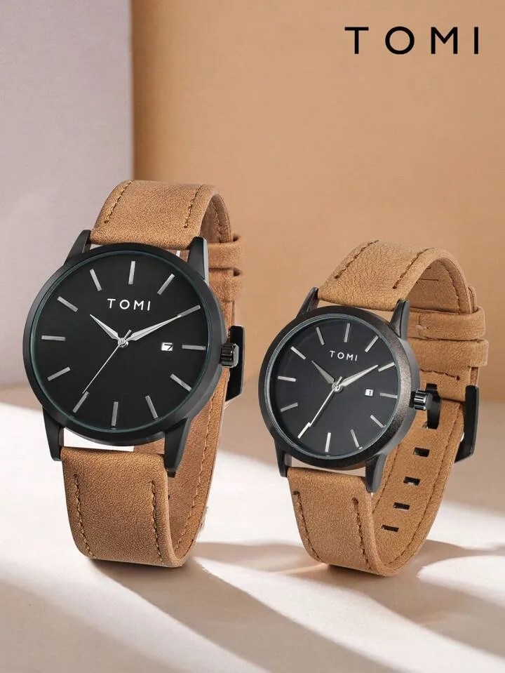 TOMI T-071 Couple Watch Date Quartz Leather Strapa