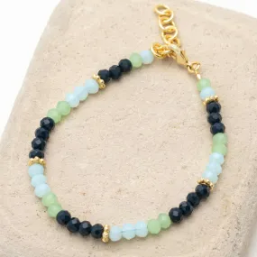 Tri Color Beaded Bracelet With Blue And Green Chalcedony Lapiz And 18K Gold Plated Extender Chain