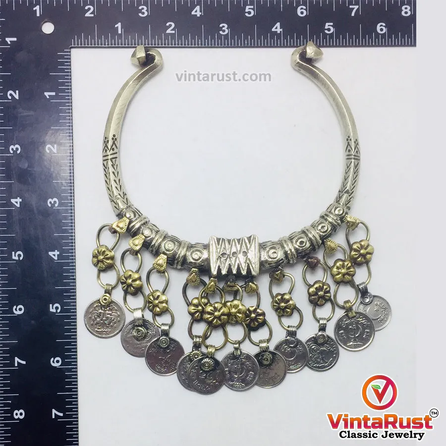 Tribal Coins Torque Choker Necklace with Dangling Coins,