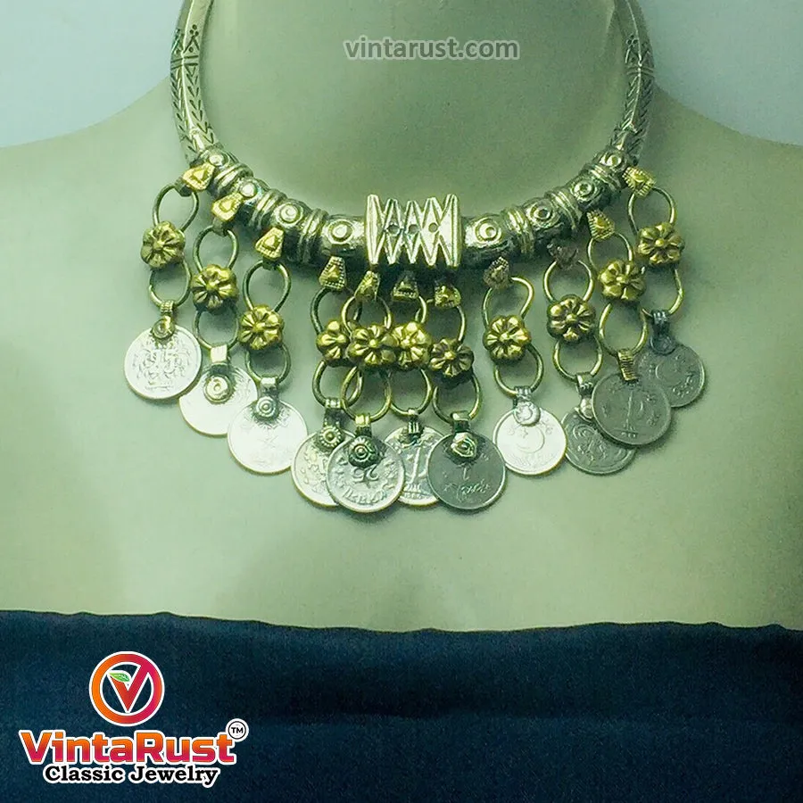 Tribal Coins Torque Choker Necklace with Dangling Coins,