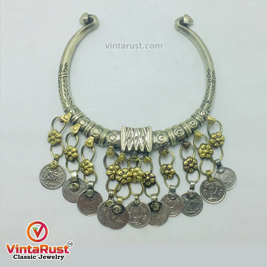 Tribal Coins Torque Choker Necklace with Dangling Coins,