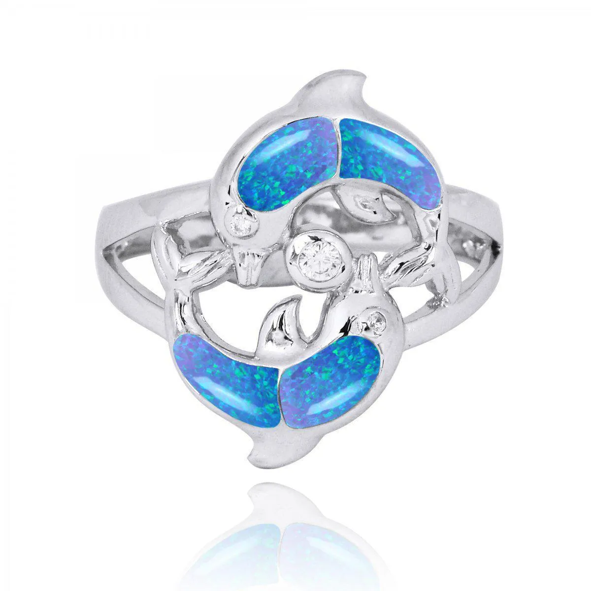 Twin Dolphins Ring with Blue Opal and White CZ