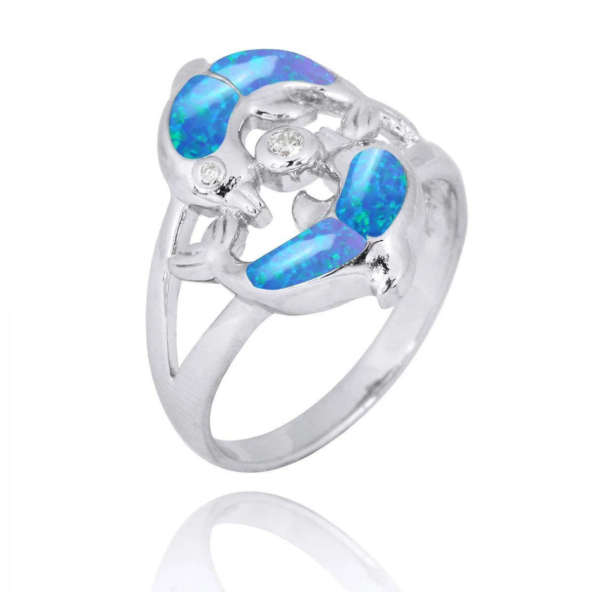 Twin Dolphins Ring with Blue Opal and White CZ