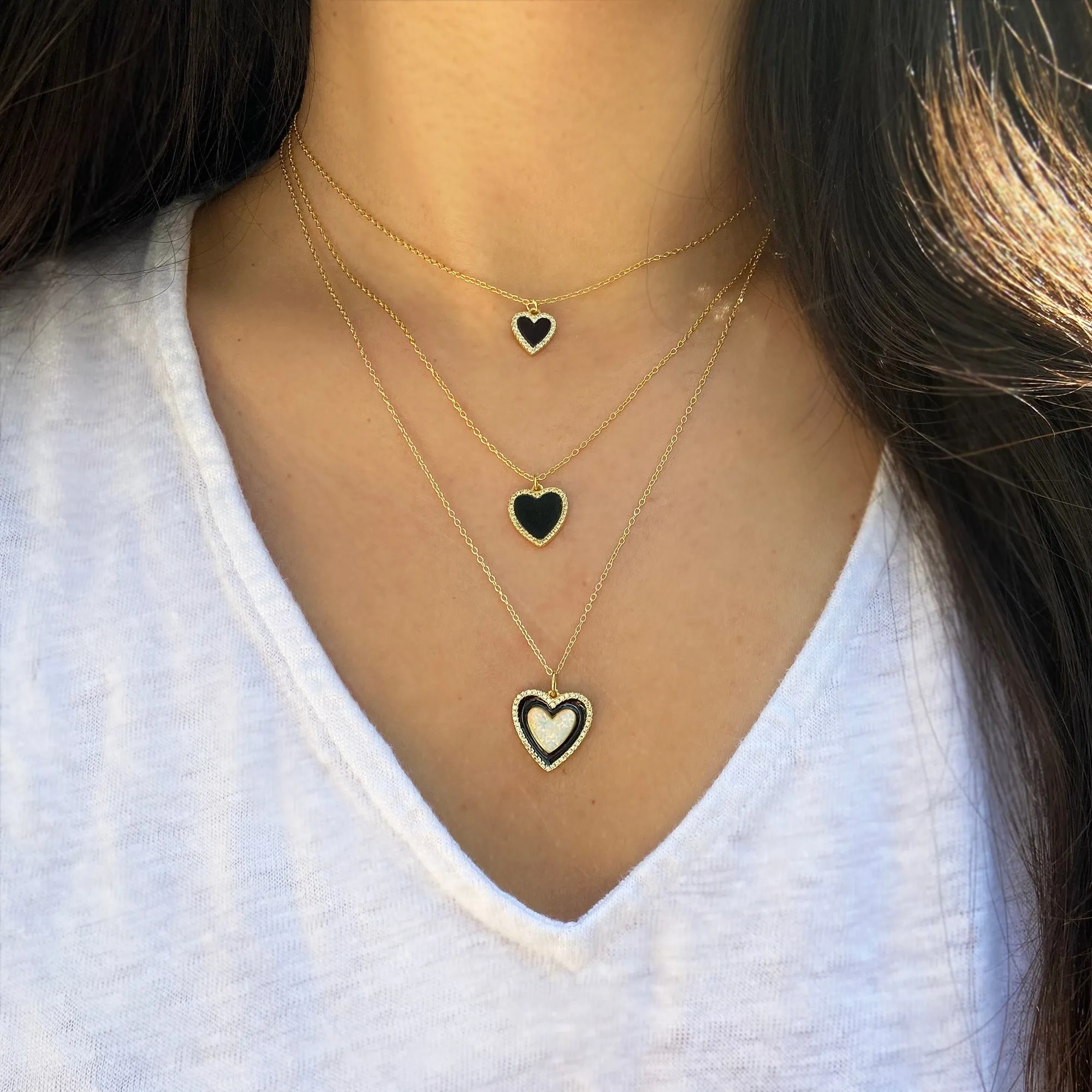 Two Tone Heart Necklace - Black Enamel and Opal