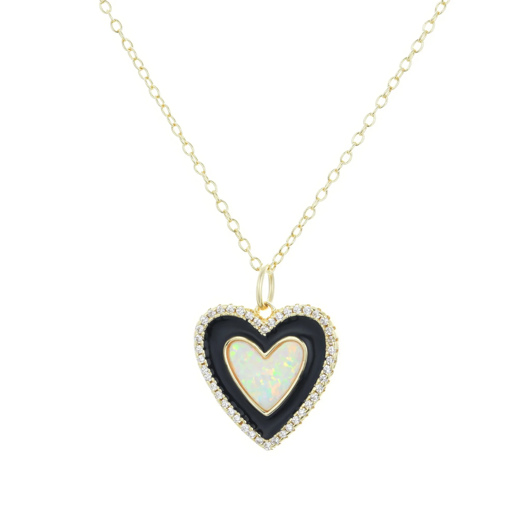 Two Tone Heart Necklace - Black Enamel and Opal