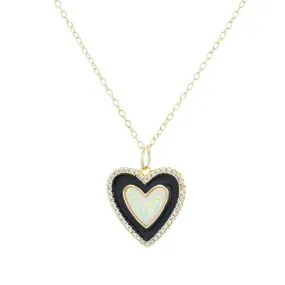 Two Tone Heart Necklace - Black Enamel and Opal