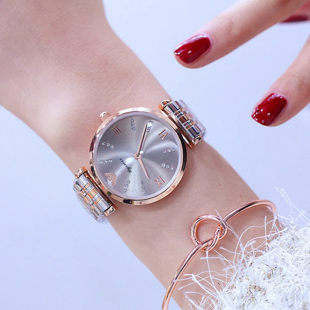 Two Tone Stainless Steel Luxury Ladies Watch Quartz Analog Business Chain Casual Wrist Watch