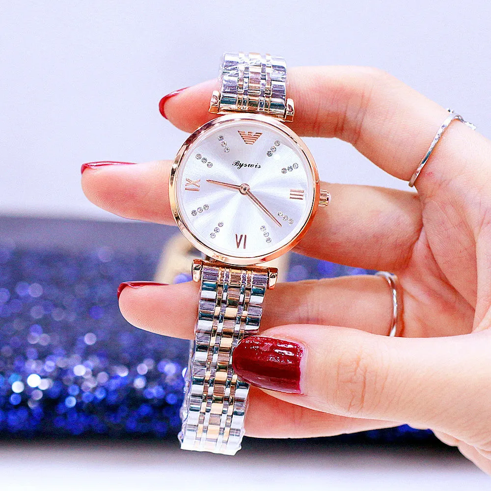 Two Tone Stainless Steel Luxury Ladies Watch Quartz Analog Business Chain Casual Wrist Watch