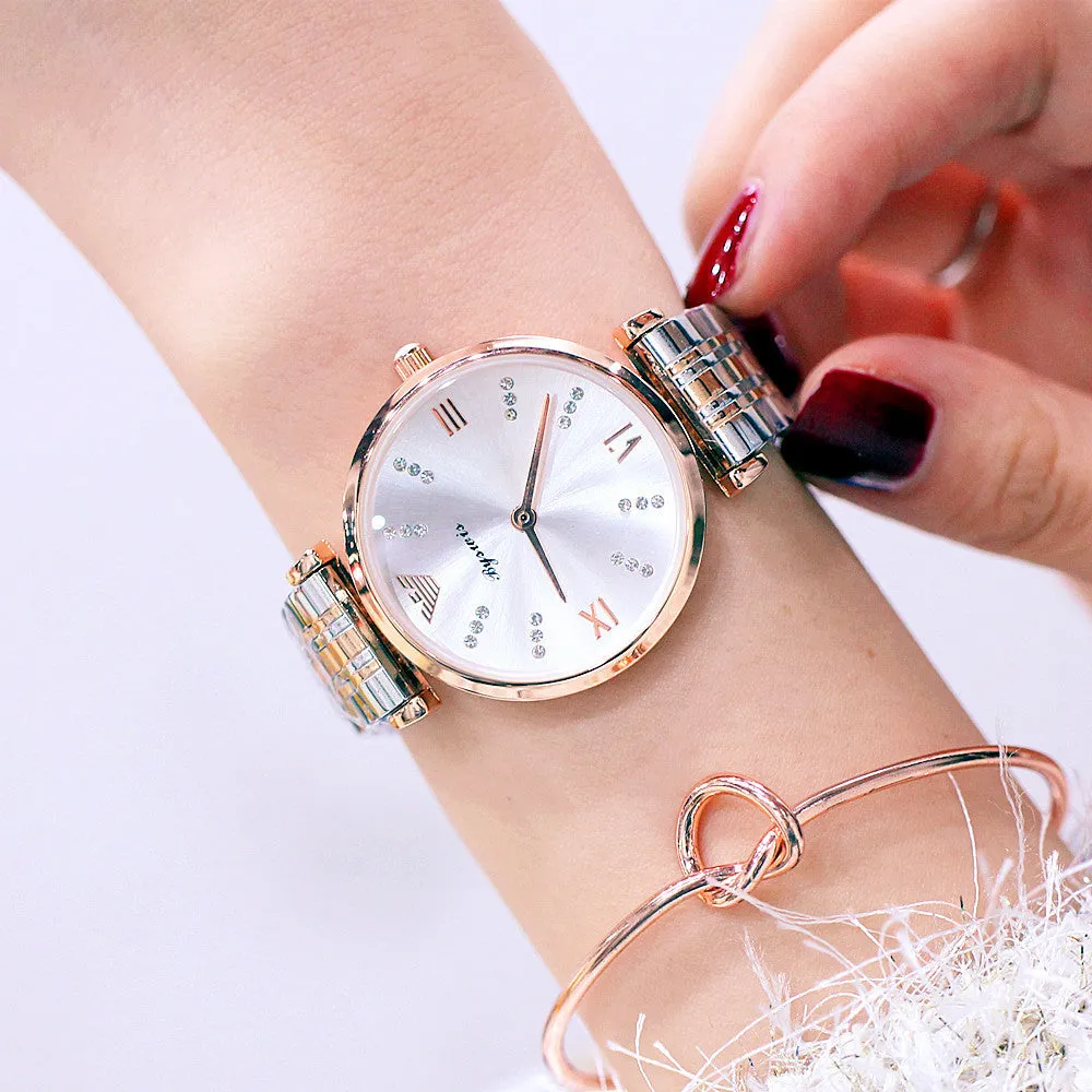 Two Tone Stainless Steel Luxury Ladies Watch Quartz Analog Business Chain Casual Wrist Watch