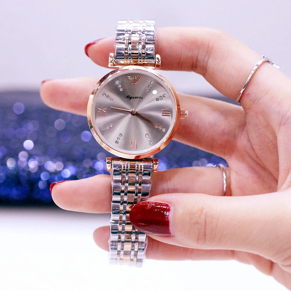 Two Tone Stainless Steel Luxury Ladies Watch Quartz Analog Business Chain Casual Wrist Watch