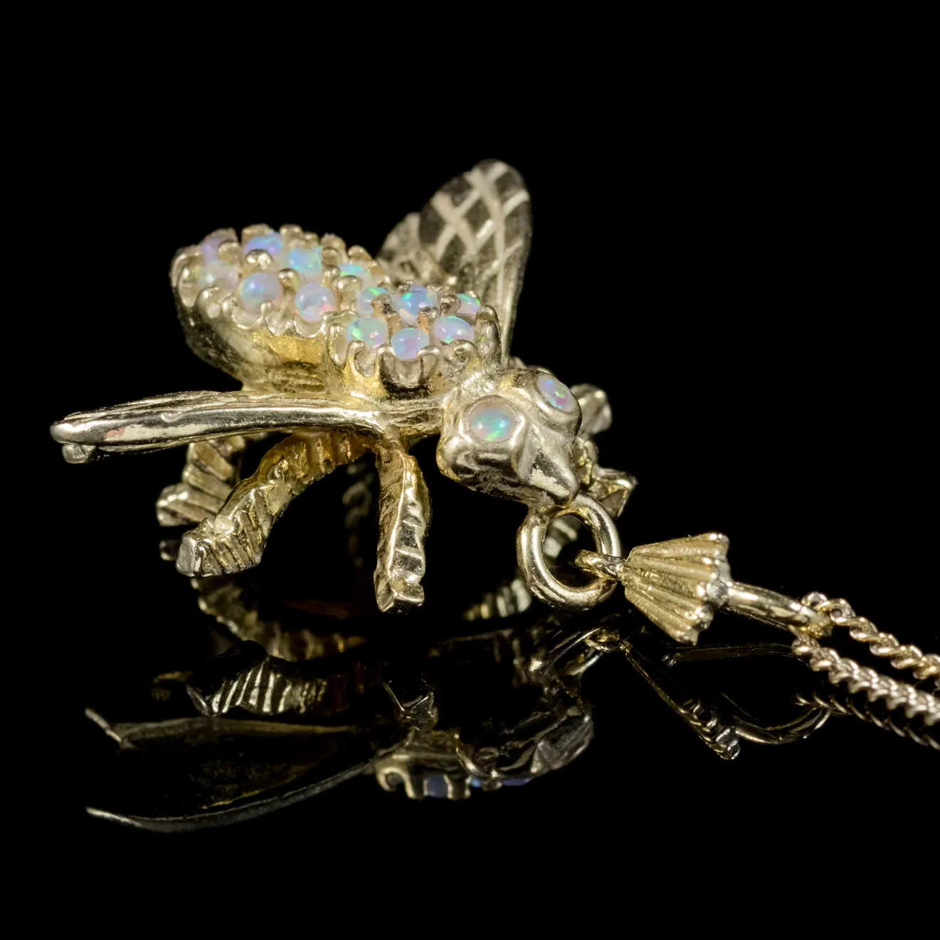 Victorian Style Opal Bee Pendant Necklace Silver Gold Gilt