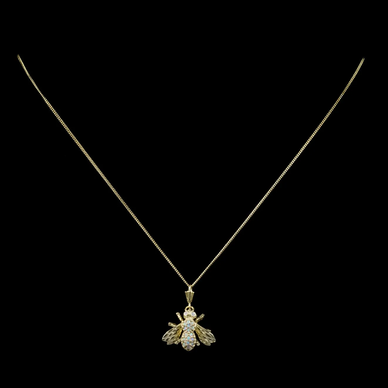 Victorian Style Opal Bee Pendant Necklace Silver Gold Gilt