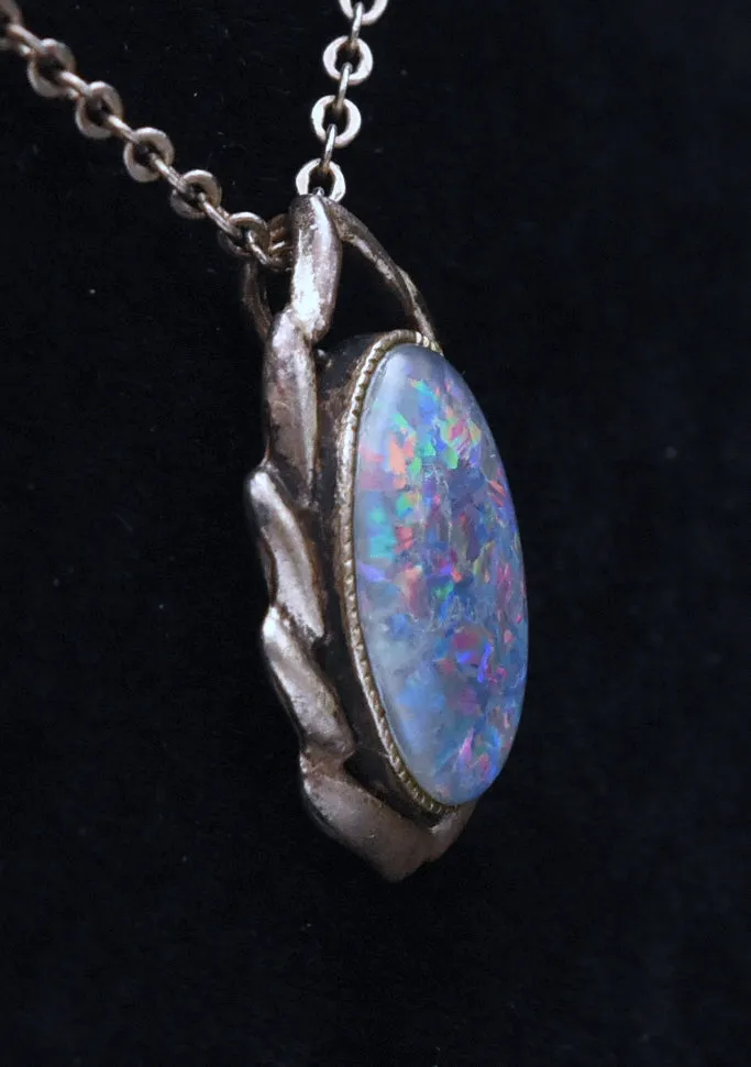 Vintage Blue Opal Triplet Sterling Silver Pendant Necklace - 18.125"