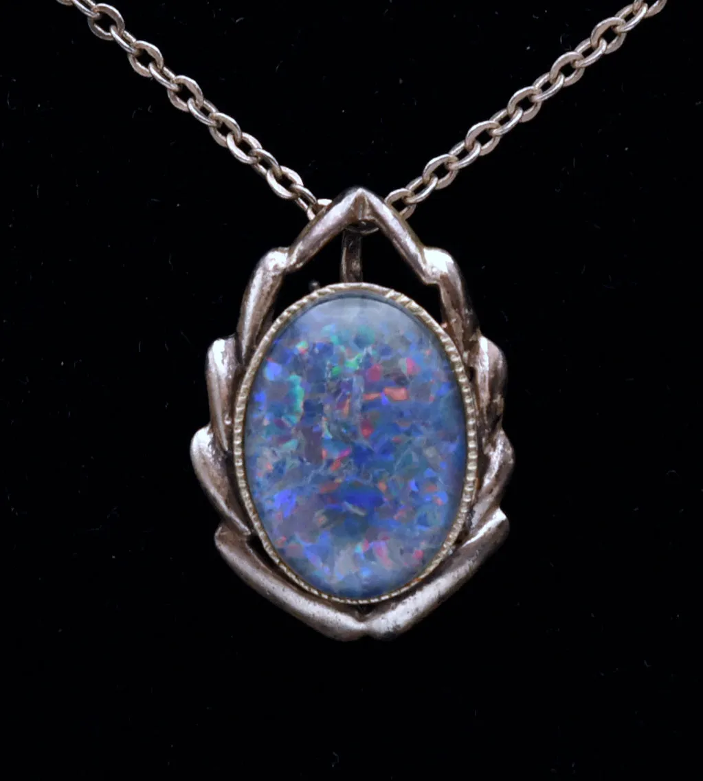 Vintage Blue Opal Triplet Sterling Silver Pendant Necklace - 18.125"