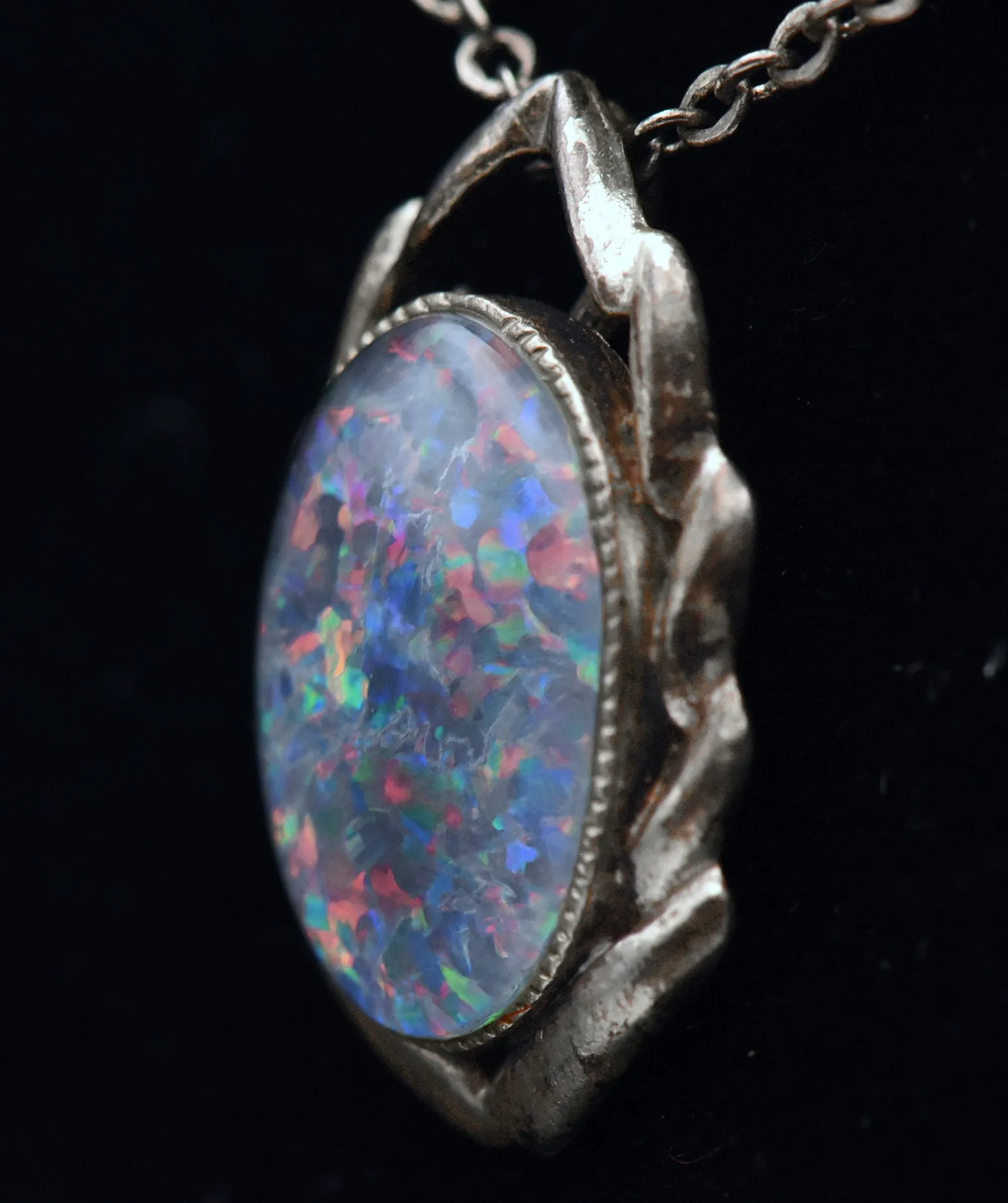 Vintage Blue Opal Triplet Sterling Silver Pendant Necklace - 18.125"