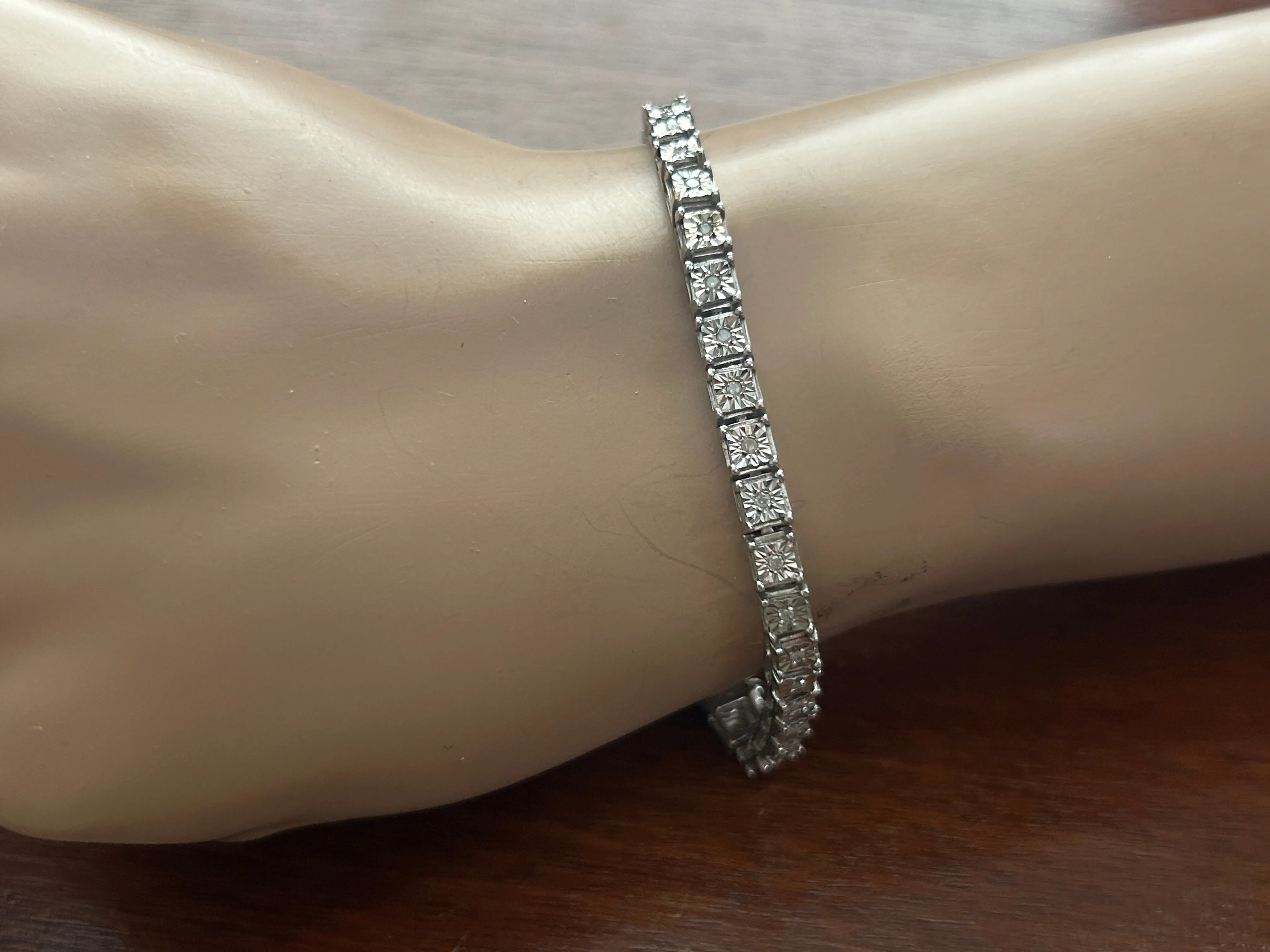 Vintage Sterling Silver 925 Diamond Tennis Bracelet 7.5" Long