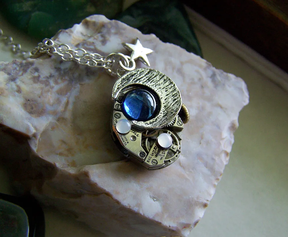 Vintage Watchworks Blue Moon and Stars Steampunk Pendant