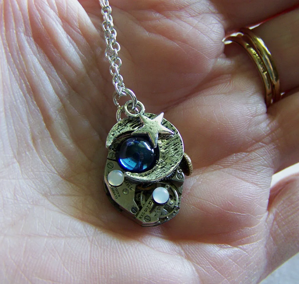 Vintage Watchworks Blue Moon and Stars Steampunk Pendant