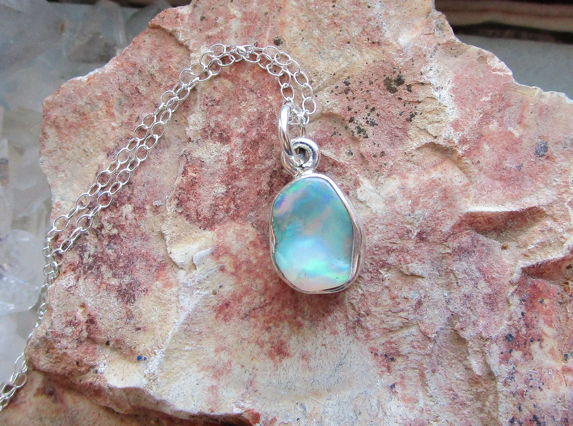 Welo Opal Natural Gemstone Sterling Silver Pendant Necklace