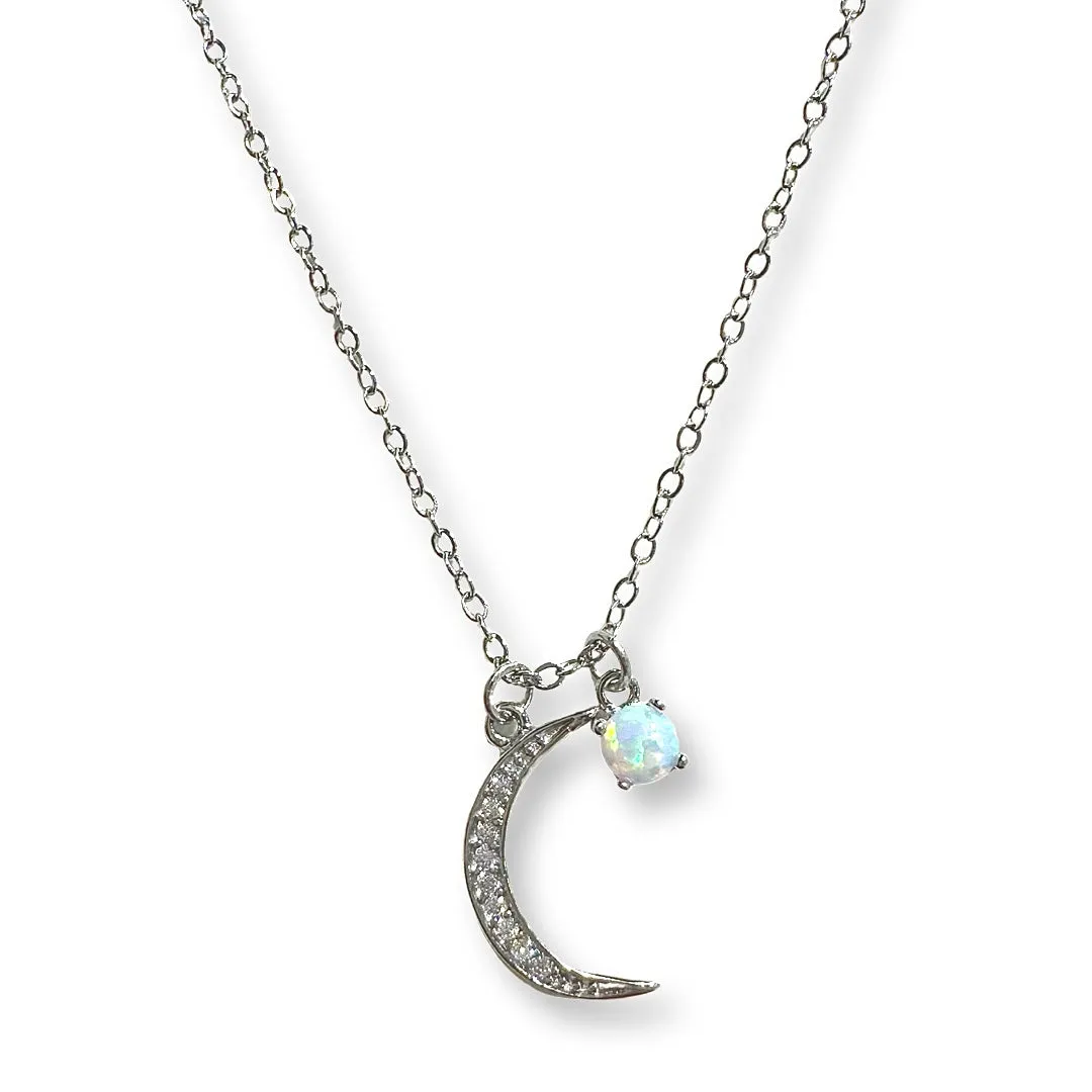 White Opal Crescent Moon Charm Necklace