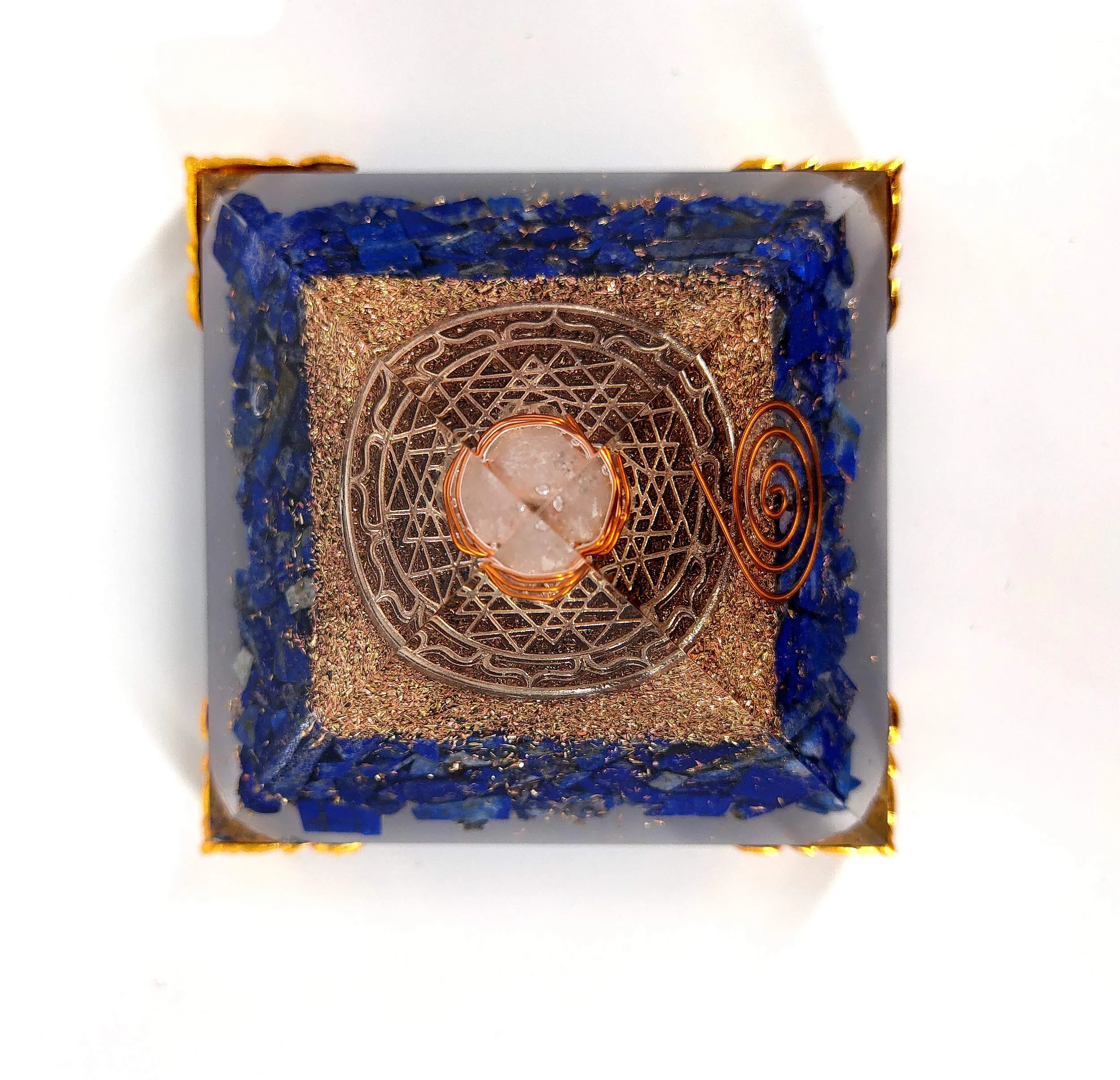 White Whale Lapis Lazuli Orgone Pyramid Energy Generator Reiki Healing Crystal Chakra with Gold Stand Feng Shui Pyramid