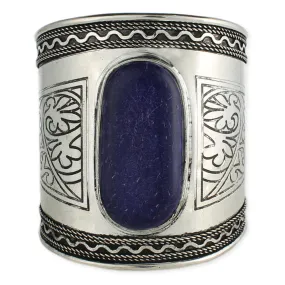 Wide Etched Silver & Faux Lapis Cuff Bracelet