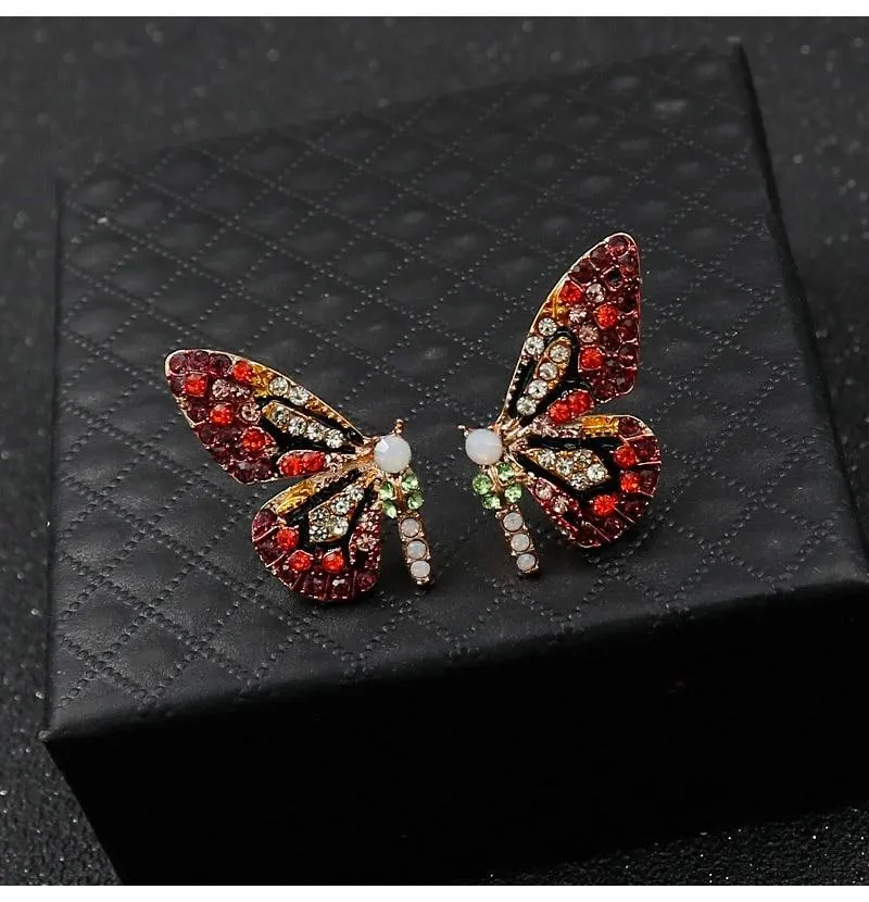 Women Rhinestone Wild Personality  Metal Butterfly Wings Earrings