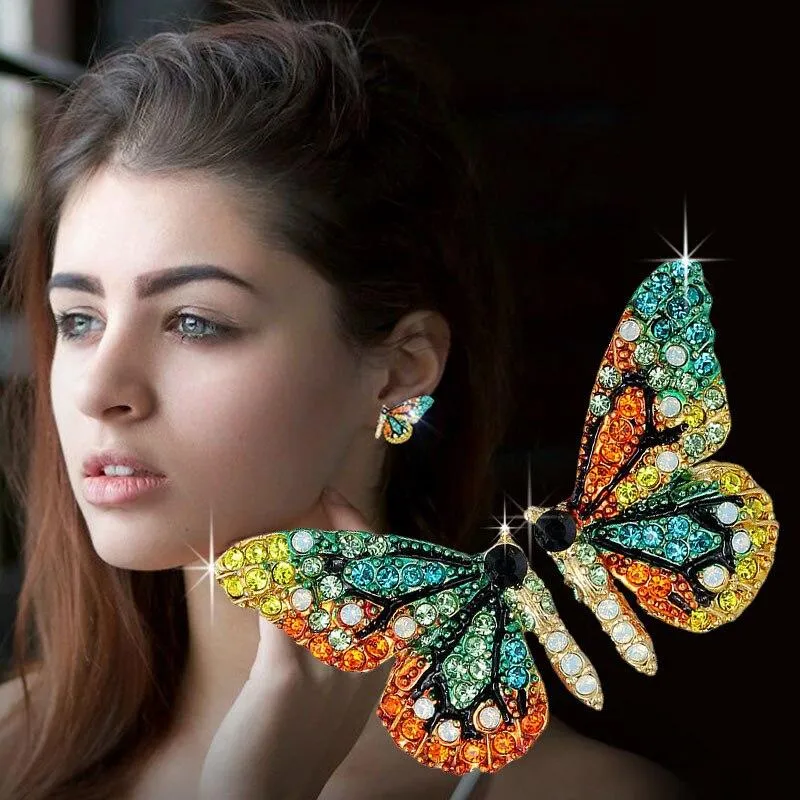 Women Rhinestone Wild Personality  Metal Butterfly Wings Earrings