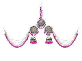 Yellow Chimes German Oxidised Silver Antique Traditional Maang Tikka with Earrings Jewellery Set for Women and Girls (Pink)