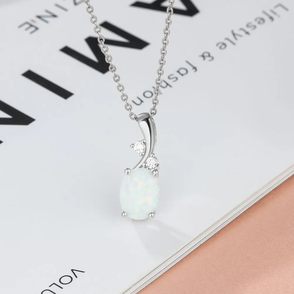 Zircon Meteor Design Oval Opal Sterling Silver Necklace